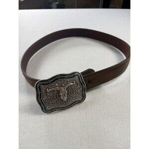 Crumrine Western Longhorn Belt Buckle with Brown Leather Belt Size 45.5”